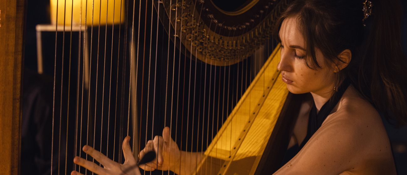 музыка Ханса Циммера в струнном звучании камерного оркестра с арфой на панорамной тёплой крыше